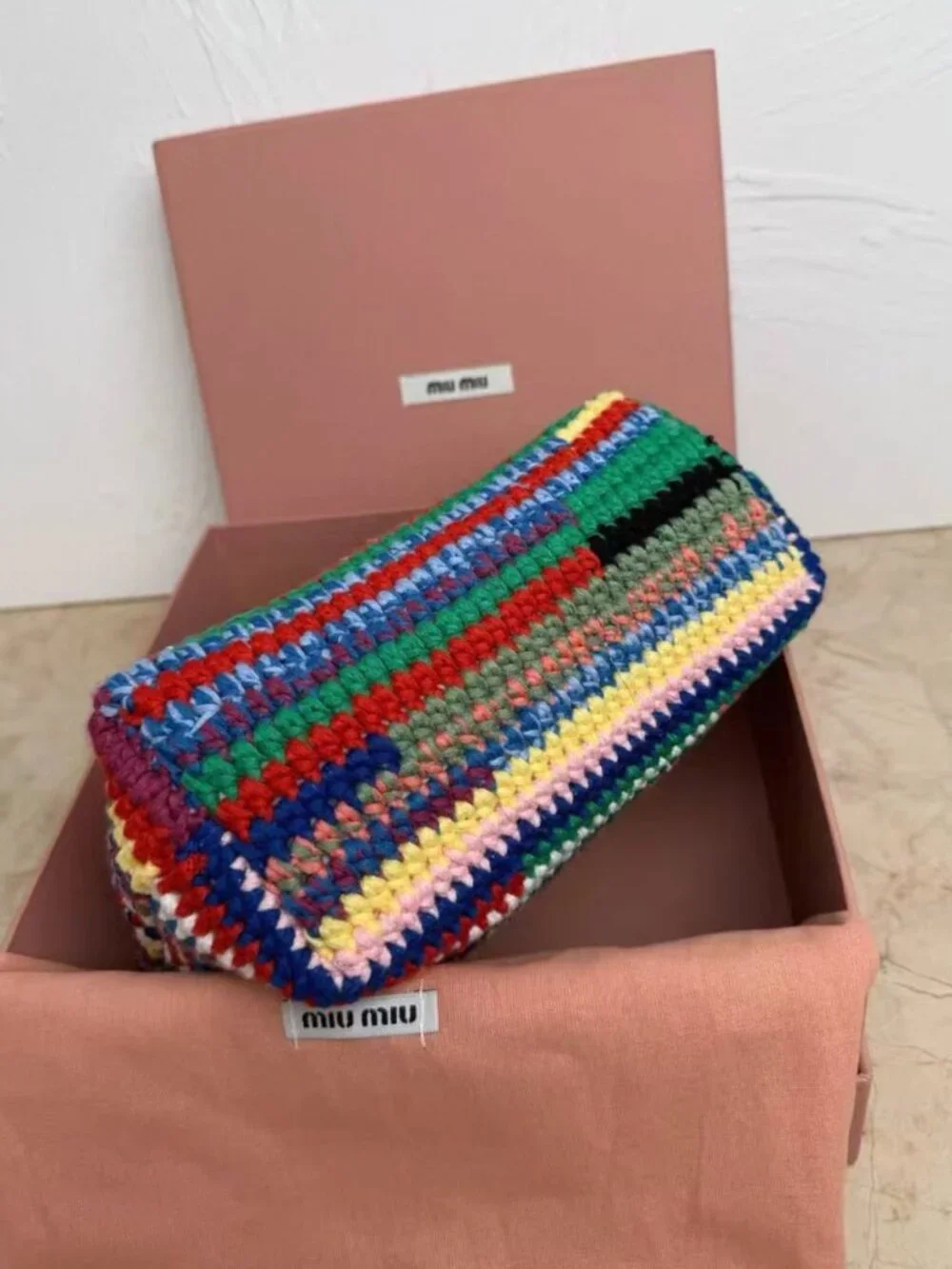 Miu Miu Rainbow Striped Hand Crochet Leather Strap Zip Hobo Shoulder Bag